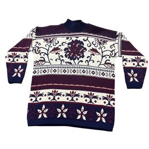 Vintage 90s Cut 4 U Knit Sweater Geometric Floral Print Pullover Blue Burgundy